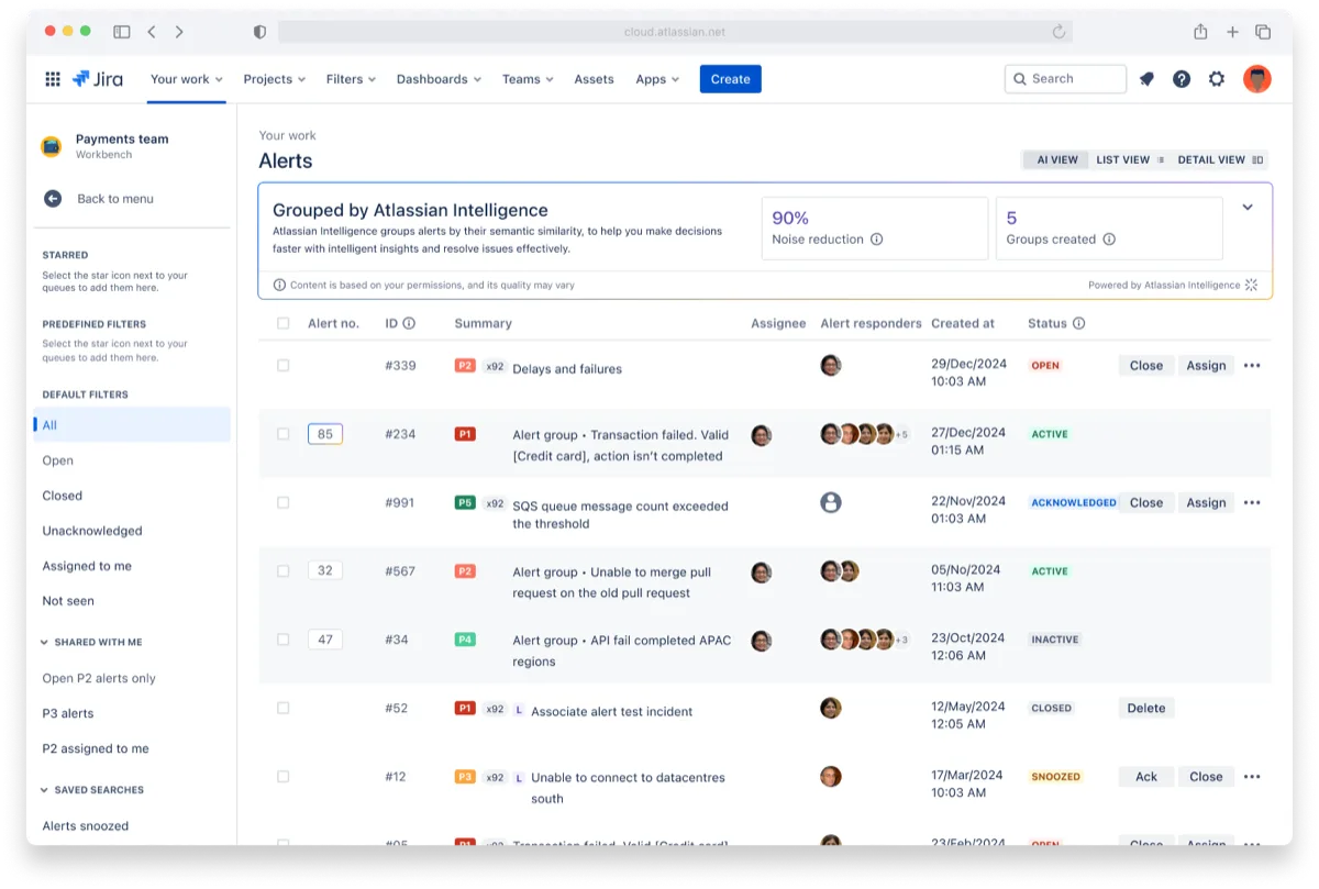 Atlassian Intelligence 自動群組告警畫面