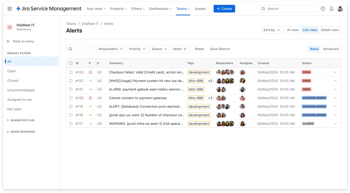 Jira Service Management 告警清單畫面